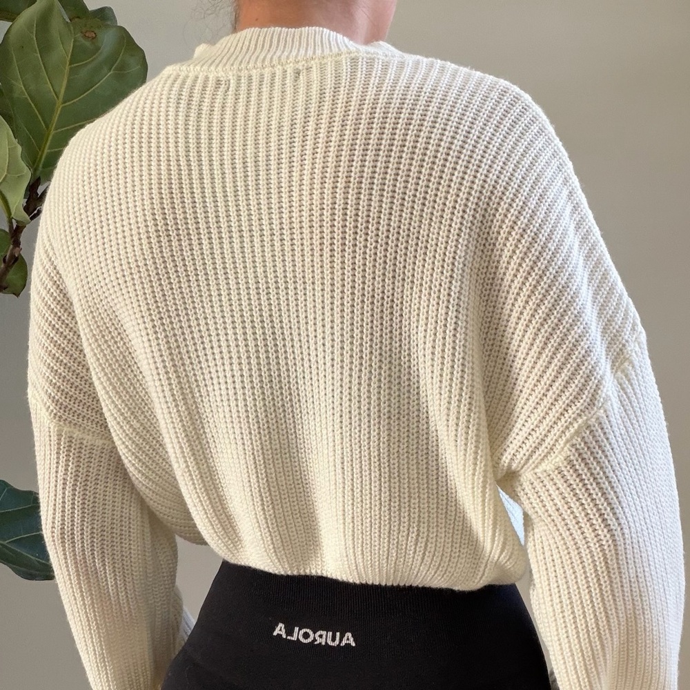 Cropped Cream Ribbed Knit Sweater - Picture 3 of 3